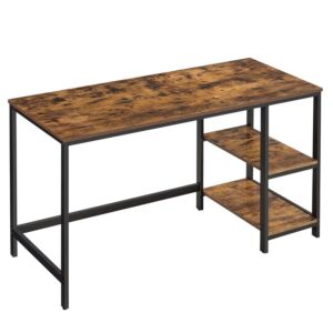 vasagle alinru computer desk, 55.1-inch wide home office desk for study, writing desk with 2 shelves on left or right, steel frame, industrial, rustic brown and black ulwd55x