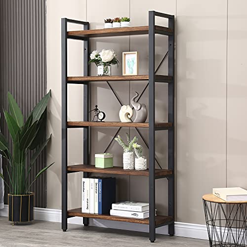 WH-AOERPUMY 5 Tier Bookcase, Solid Wood Bookshelf Rustic Vintage Industrial Etagere Bookcase, Metal and Wood Free Vintage Bookshelf, Retro Brown (Real Wood) (5-Tier)