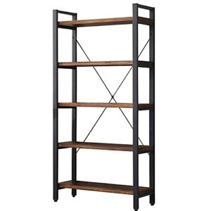 WH-AOERPUMY 5 Tier Bookcase, Solid Wood Bookshelf Rustic Vintage Industrial Etagere Bookcase, Metal and Wood Free Vintage Bookshelf, Retro Brown (Real Wood) (5-Tier)