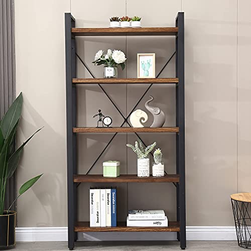 WH-AOERPUMY 5 Tier Bookcase, Solid Wood Bookshelf Rustic Vintage Industrial Etagere Bookcase, Metal and Wood Free Vintage Bookshelf, Retro Brown (Real Wood) (5-Tier)