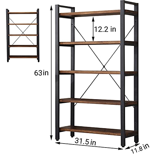 WH-AOERPUMY 5 Tier Bookcase, Solid Wood Bookshelf Rustic Vintage Industrial Etagere Bookcase, Metal and Wood Free Vintage Bookshelf, Retro Brown (Real Wood) (5-Tier)