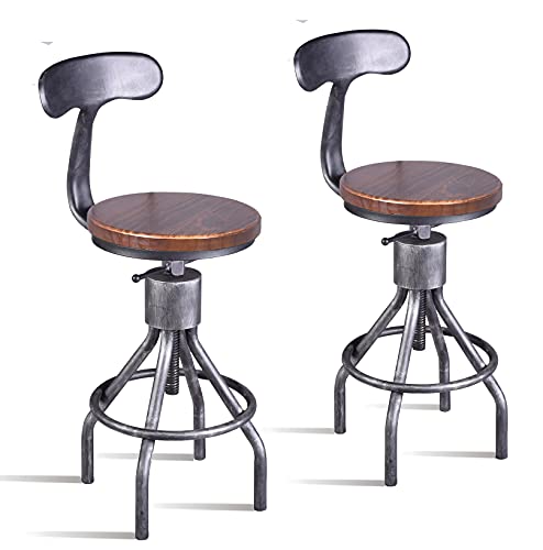 Diwhy Industrial Vintage Bar Stool,Kitchen Counter Height Adjustable Pipe Stool,Cast Iron Stool,Swivel Bar Stool with Backrest,Metal Stool,Silver,Fully Welded Set of 2 (Wooden Top)