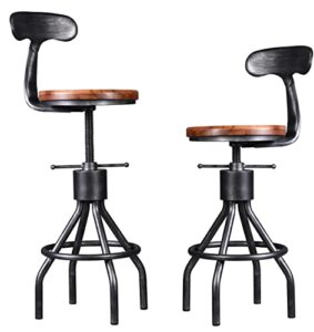 lokkhan set of 2 rustic industrial bar stool-24-30 adjustable metal swivel wooden top barstools-counter height extra tall bar height-vintage farmhouse kitchen breakfast cafe stool-with backrest