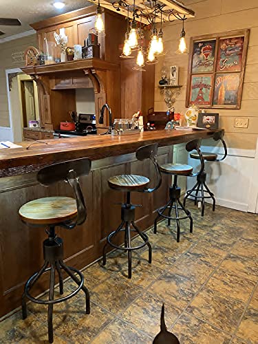 LOKKHAN Set of 2 Rustic Industrial Bar Stool-24-30 Adjustable Metal Swivel Wooden Top Barstools-Counter Height Extra Tall Bar Height-Vintage Farmhouse Kitchen Breakfast Cafe Stool-with Backrest