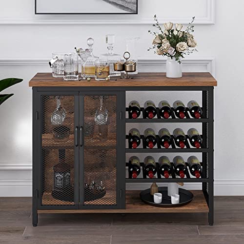 GiftGo Industrial Bar Cabinet for Liquor and Glasses Wood and Metal Freestanding Wine Rack Table Accent Sideboard Buffet Cabinet (Rustic Brown)