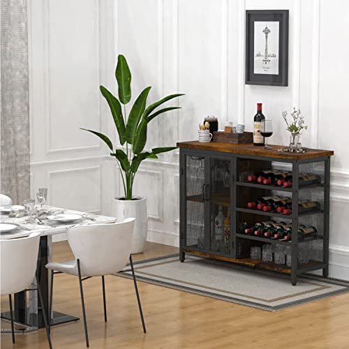 GiftGo Industrial Bar Cabinet for Liquor and Glasses Wood and Metal Freestanding Wine Rack Table Accent Sideboard Buffet Cabinet (Rustic Brown)