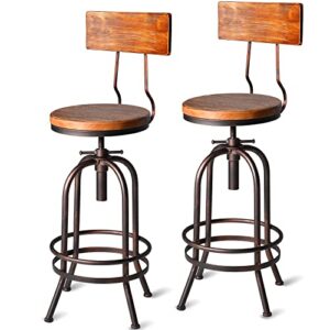 set of 2-industrial bar stools-swivel wooden seat-bar counter height adjustable 26-32.2inch-kitchen dining chairs