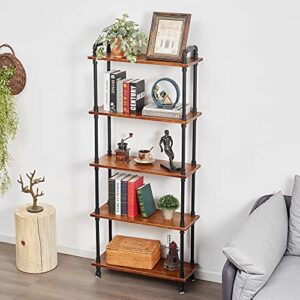 anynice industrial bookshelf, bookcases and book shelves 5 shelf,pipe bookshelf, industrial pipe shelving, pipe shelves(rustic brown, 29.5″ l x 11.8″ w x 70″ h)