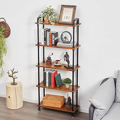 Anynice Industrial Bookshelf, Bookcases and Book Shelves 5 Shelf,Pipe Bookshelf, Industrial Pipe Shelving, Pipe Shelves(Rustic Brown, 29.5" L x 11.8" W x 70" H)