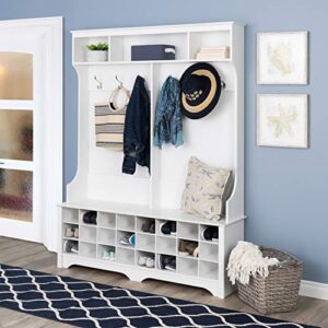 prepac 24 shoe cubby wide hall tree with bench & coat hooks, 15. 5″ d x 60″ w x 77″ h, white