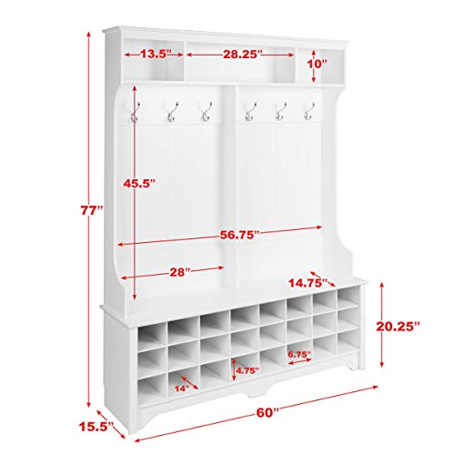 Prepac 24 Shoe Cubby Wide Hall Tree With Bench & Coat Hooks, 15. 5" D x 60" W x 77" H, White