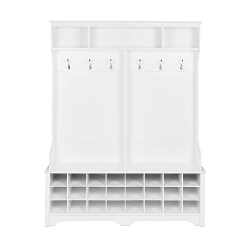 Prepac 24 Shoe Cubby Wide Hall Tree With Bench & Coat Hooks, 15. 5" D x 60" W x 77" H, White