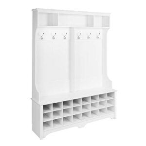 Prepac 24 Shoe Cubby Wide Hall Tree With Bench & Coat Hooks, 15. 5" D x 60" W x 77" H, White