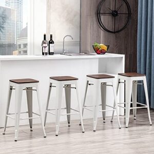 Alunaune 24" Metal Bar Stools Set of 4 Industrial Backless Counter Height Barstools Kitchen Patio Stool Stackable with Wooden Seat- White