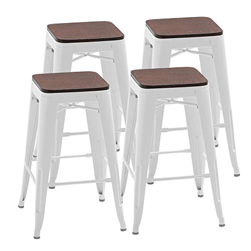 Alunaune 24" Metal Bar Stools Set of 4 Industrial Backless Counter Height Barstools Kitchen Patio Stool Stackable with Wooden Seat- White