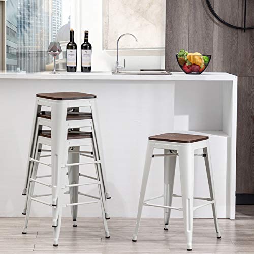 Alunaune 24" Metal Bar Stools Set of 4 Industrial Backless Counter Height Barstools Kitchen Patio Stool Stackable with Wooden Seat- White