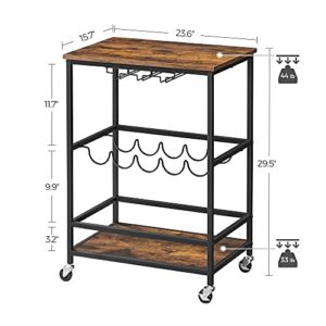VASAGLE Bar Cart, Serving Cart with Wheels, Glass Stemware Rack and Wine Bottle Holders, 15.7 x 23.6 x 29.5 Inches, Industrial, Rustic Brown and Black ULRC087B01