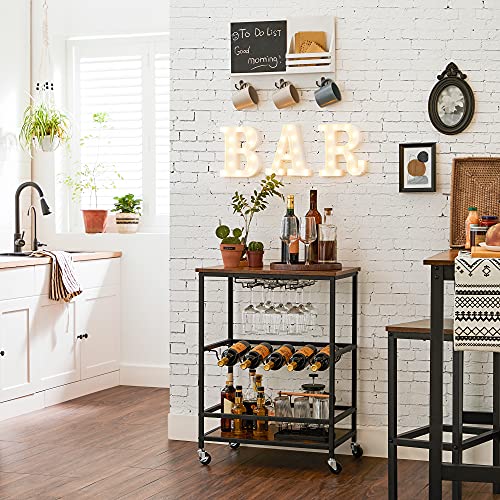 VASAGLE Bar Cart, Serving Cart with Wheels, Glass Stemware Rack and Wine Bottle Holders, 15.7 x 23.6 x 29.5 Inches, Industrial, Rustic Brown and Black ULRC087B01