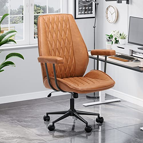 Brown Office Chair Leather Desk Chair with Removable Armrest, Modern Home Office Chair Mid Century, Mid Back Computer Chair with Wheels, Capacity 400lbs