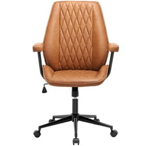 Brown Office Chair Leather Desk Chair with Removable Armrest, Modern Home Office Chair Mid Century, Mid Back Computer Chair with Wheels, Capacity 400lbs