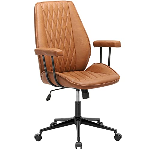 Brown Office Chair Leather Desk Chair with Removable Armrest, Modern Home Office Chair Mid Century, Mid Back Computer Chair with Wheels, Capacity 400lbs