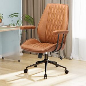 Brown Office Chair Leather Desk Chair with Removable Armrest, Modern Home Office Chair Mid Century, Mid Back Computer Chair with Wheels, Capacity 400lbs