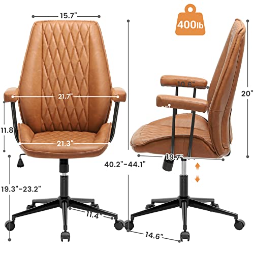 Brown Office Chair Leather Desk Chair with Removable Armrest, Modern Home Office Chair Mid Century, Mid Back Computer Chair with Wheels, Capacity 400lbs