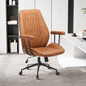 Brown Office Chair Leather Desk Chair with Removable Armrest, Modern Home Office Chair Mid Century, Mid Back Computer Chair with Wheels, Capacity 400lbs