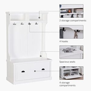 HOMCOM Hall Tree for Entryway, Coat Rack Shoe Bench with Bottom Storage, 4 Metal Double Hooks and 2 Shelves for Hallway, Living Room, White