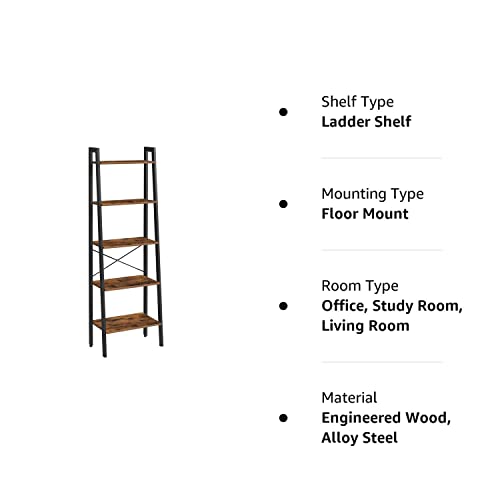 VASAGLE ALINRU 5-Tier Bookshelf, Industrial Bookcase and Storage Rack, Wood Look Accent Furniture with Metal Frame, 22.1 x 13.3 x 67.7 Inches, Rustic Brown