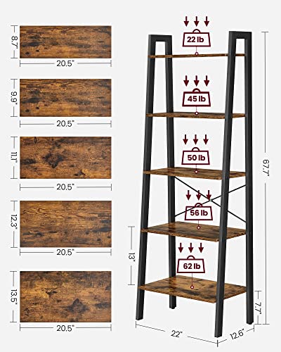 VASAGLE ALINRU 5-Tier Bookshelf, Industrial Bookcase and Storage Rack, Wood Look Accent Furniture with Metal Frame, 22.1 x 13.3 x 67.7 Inches, Rustic Brown