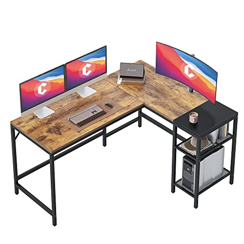 CubiCubi L Shape Computer Desk with Storage Shelf Study Writing Table for Home Office, Modern Simple Style PC Desk, Black Metal Frame