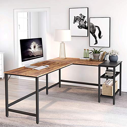 CubiCubi L Shape Computer Desk with Storage Shelf Study Writing Table for Home Office, Modern Simple Style PC Desk, Black Metal Frame