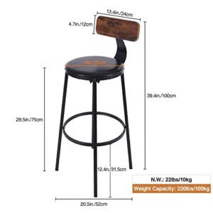 ALAPUR Rustic Bar Stools Set of 2 with Back and Footrest,Industrial Counter Height Bar Stools for Dining Room Kitchen Farmhouse,Black(20.5" D x 20.5" W x 39.4" H)