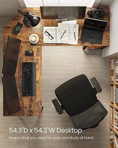 VASAGLE L-Shaped Computer Desk, Corner Desk, 54-Inch Writing Study Workstation, Rustic Brown and Black ULWD72X​