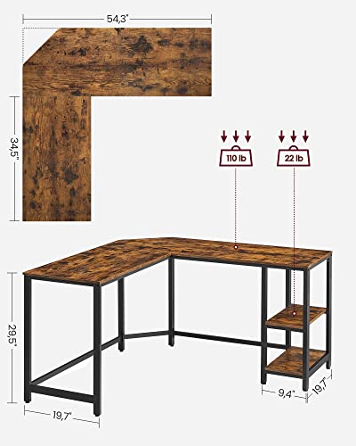 VASAGLE L-Shaped Computer Desk, Corner Desk, 54-Inch Writing Study Workstation, Rustic Brown and Black ULWD72X​