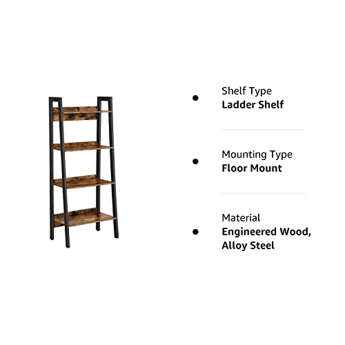 VASAGLE Ladder Shelf, 4-Tier Home Office Bookshelf, Freestanding Storage Shelves, for Living Room Bedroom Kitchen, Metal Frame, Simple Assembly, Industrial, Rustic Brown and Black ULLS054X01