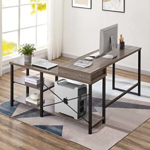 BON AUGURE Industrial L Shaped Computer Desk with Shelves, Rustic Wood Home Office Desks, Reversible Corner Desk with Storage (59 Inch, Dark Grey Oak)