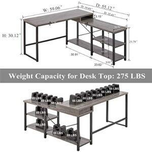 BON AUGURE Industrial L Shaped Computer Desk with Shelves, Rustic Wood Home Office Desks, Reversible Corner Desk with Storage (59 Inch, Dark Grey Oak)