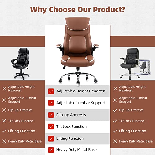 YAMASORO Home Office Chair, Ergonomic High Back Computer Desk Chair with Lumbar Back Support, Adjustable Executive Leather Chair with Arms and Headrest (Brown)