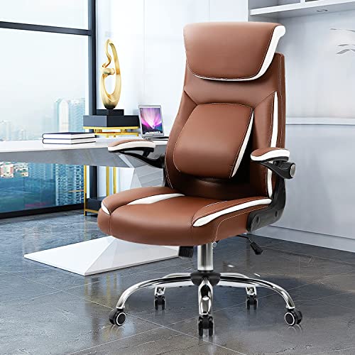 YAMASORO Home Office Chair, Ergonomic High Back Computer Desk Chair with Lumbar Back Support, Adjustable Executive Leather Chair with Arms and Headrest (Brown)