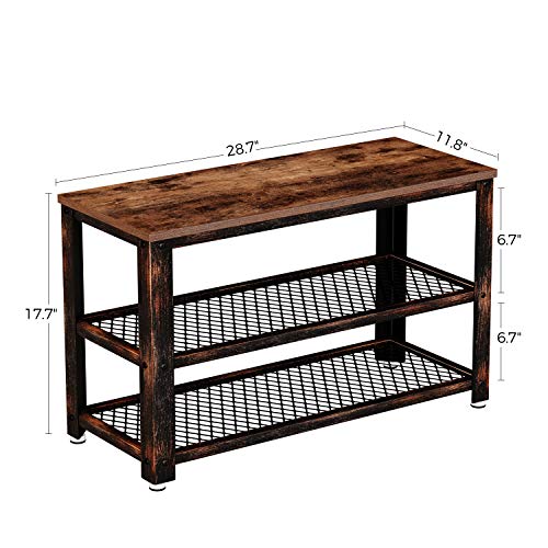 Rolanstar Shoe Bench, 3-Tier Shoe Rack, 28.7” Storage Entry Bench with Mesh Shelves Wood Seat, Rustic Foyer Bench for Hallway Front Door, Doorway, Living Room, Mudroom, Steel Frame, Rustic Brown