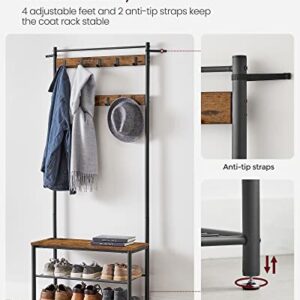 VASAGLE Coat Rack, Hall Tree with Shoe Storage Bench, Entryway Bench with Shoe Storage, 3-in-1, Steel Frame, for Entryway, 12.6 x 27.6 x 69.8 Inches, Industrial, Rustic Brown and Black UHSR41BX