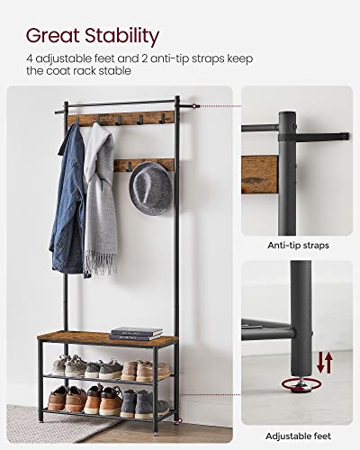 VASAGLE Coat Rack, Hall Tree with Shoe Storage Bench, Entryway Bench with Shoe Storage, 3-in-1, Steel Frame, for Entryway, 12.6 x 27.6 x 69.8 Inches, Industrial, Rustic Brown and Black UHSR41BX