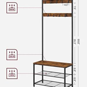 VASAGLE Coat Rack, Hall Tree with Shoe Storage Bench, Entryway Bench with Shoe Storage, 3-in-1, Steel Frame, for Entryway, 12.6 x 27.6 x 69.8 Inches, Industrial, Rustic Brown and Black UHSR41BX