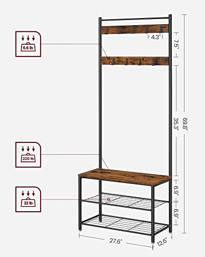 VASAGLE Coat Rack, Hall Tree with Shoe Storage Bench, Entryway Bench with Shoe Storage, 3-in-1, Steel Frame, for Entryway, 12.6 x 27.6 x 69.8 Inches, Industrial, Rustic Brown and Black UHSR41BX