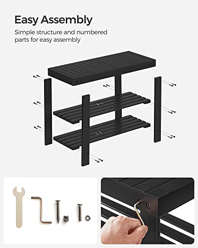 SONGMICS Shoe Rack Bench, 3-Tier Bamboo Shoe Storage Organizer, Entryway Bench, Holds Up to 286 lb, for Entryway Bathroom Bedroom, Black ULBS04H