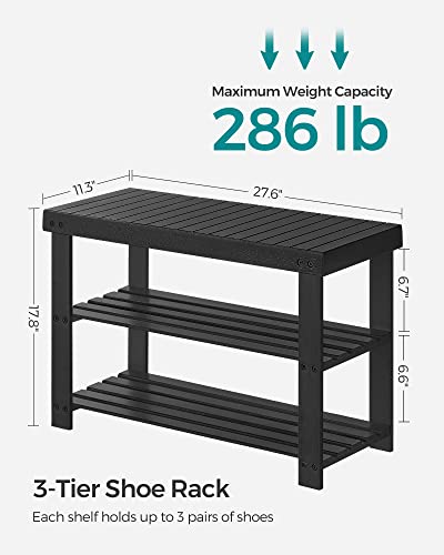 SONGMICS Shoe Rack Bench, 3-Tier Bamboo Shoe Storage Organizer, Entryway Bench, Holds Up to 286 lb, for Entryway Bathroom Bedroom, Black ULBS04H