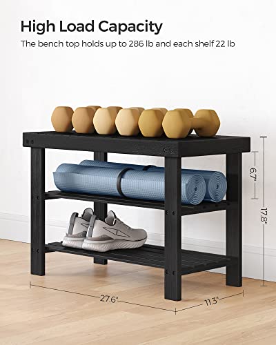 SONGMICS Shoe Rack Bench, 3-Tier Bamboo Shoe Storage Organizer, Entryway Bench, Holds Up to 286 lb, for Entryway Bathroom Bedroom, Black ULBS04H