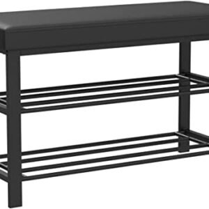Finnhomy Entryway Shoe Rack with Cushioned Seat, 2 Shelves Storage Bench w/Faux Leather Top Bed Bench, Black